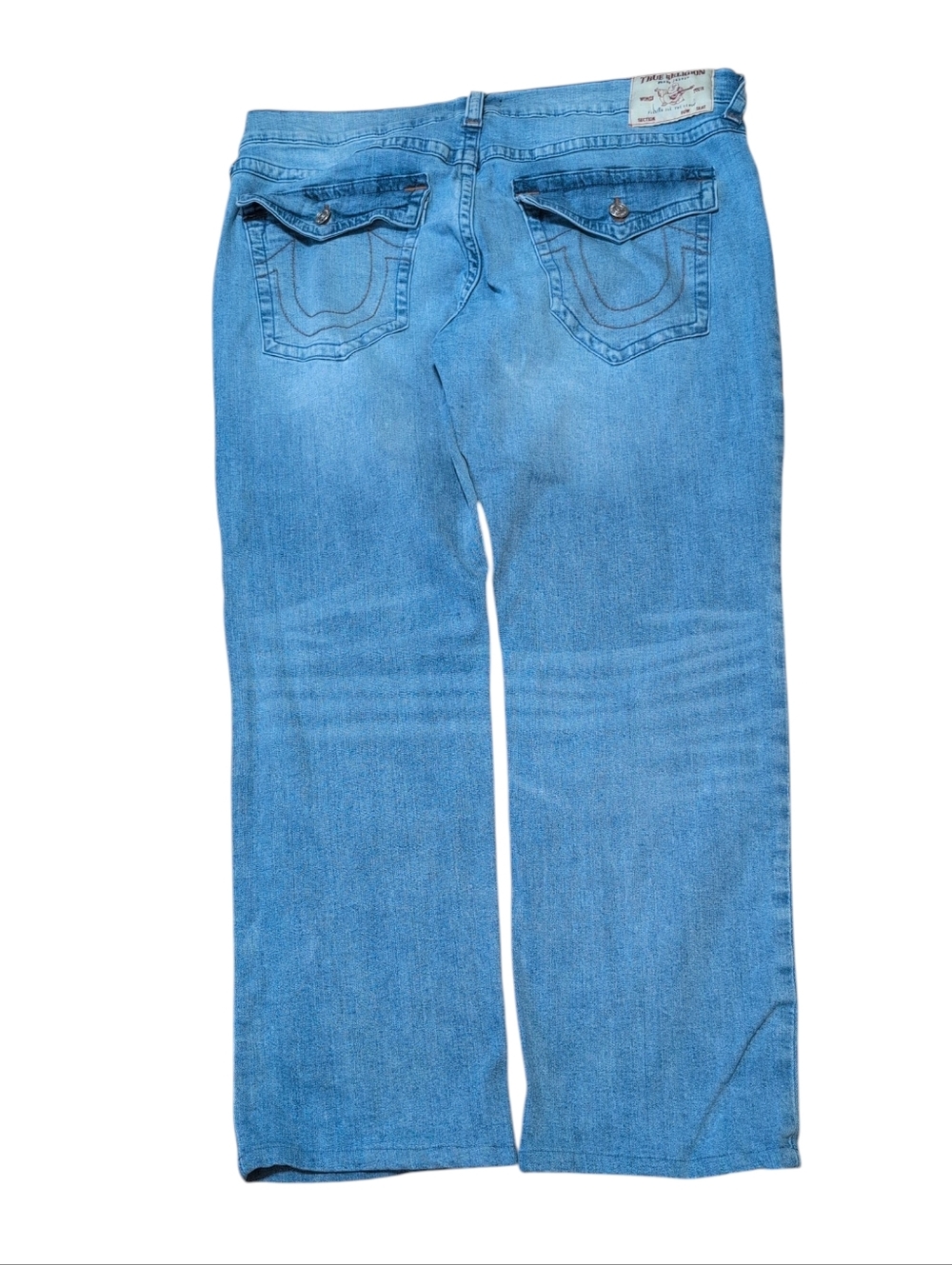 True Religion Mens Jeans 40 Light Wash Straight Leg Flap Pocket Denim Y2K Hemmed
